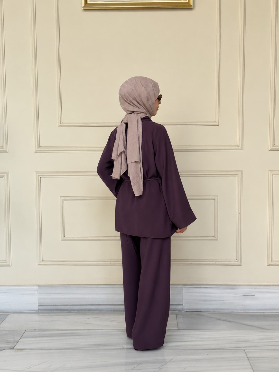Lara Gizli Düğmeli Beli Lastikli Pantolonlu Takım Mürdüm