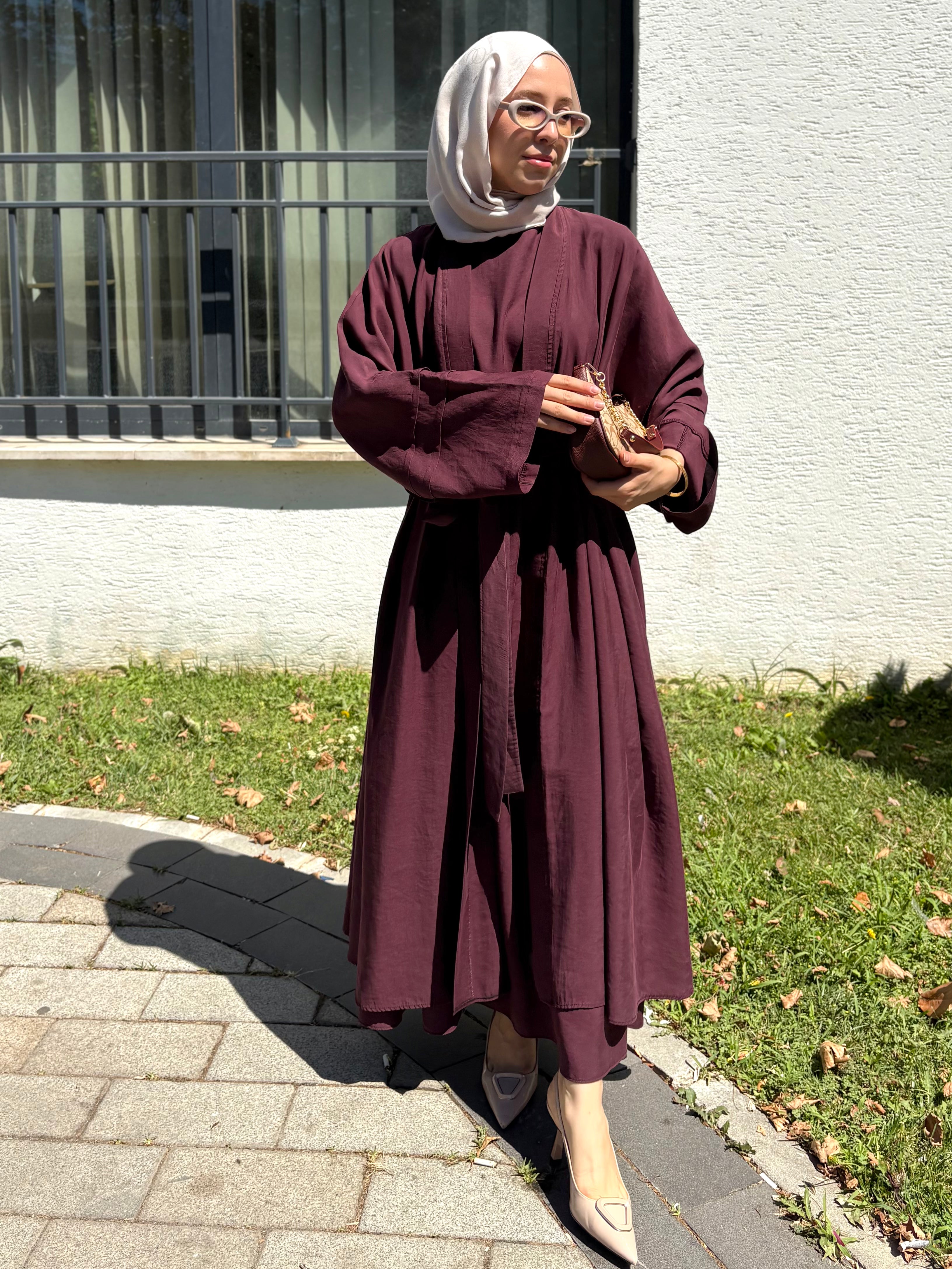 Sara 3 Parçalı Tense kumaş Abaya Mürdüm