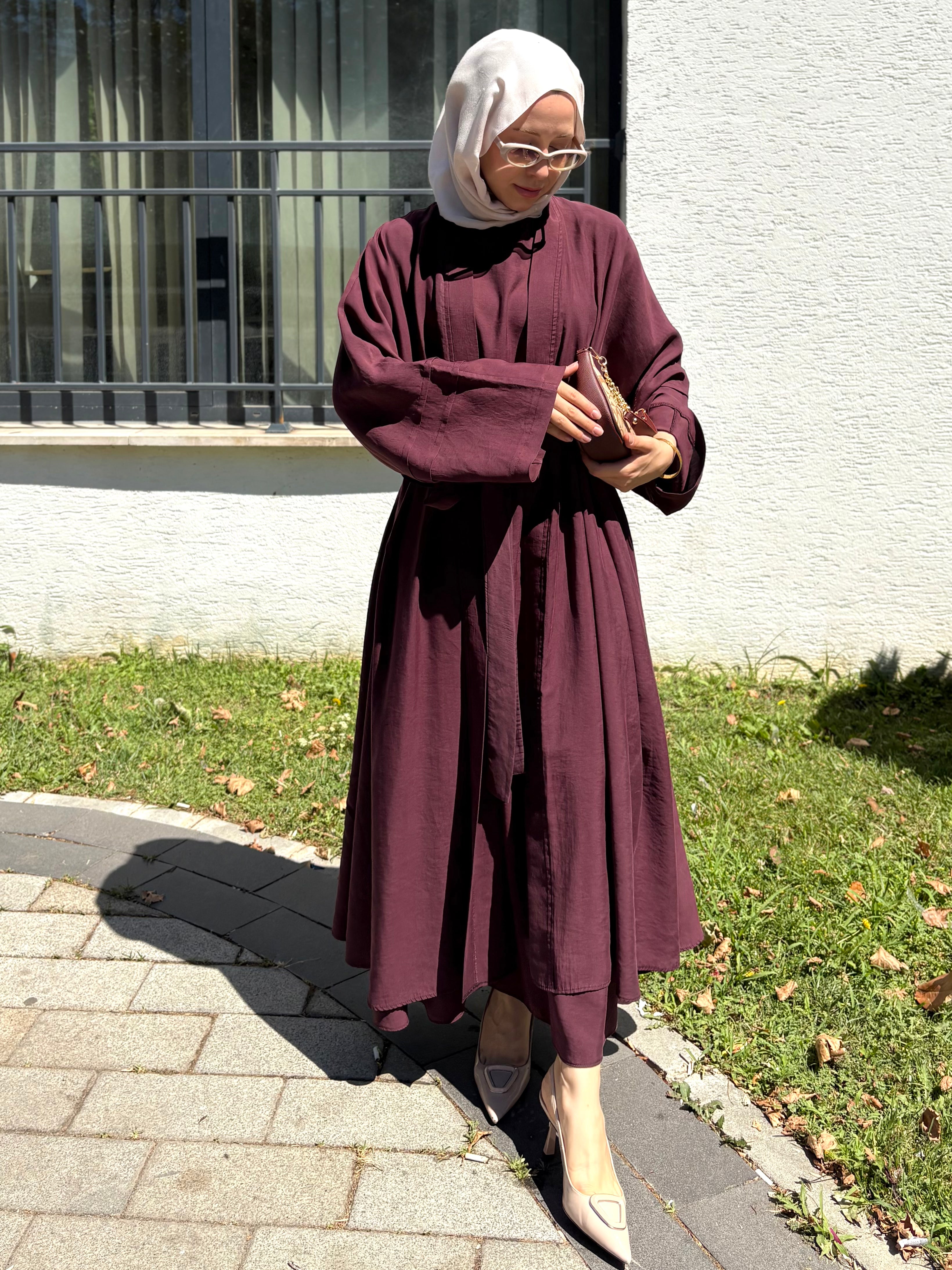 Sara 3 Parçalı Tense kumaş Abaya Mürdüm