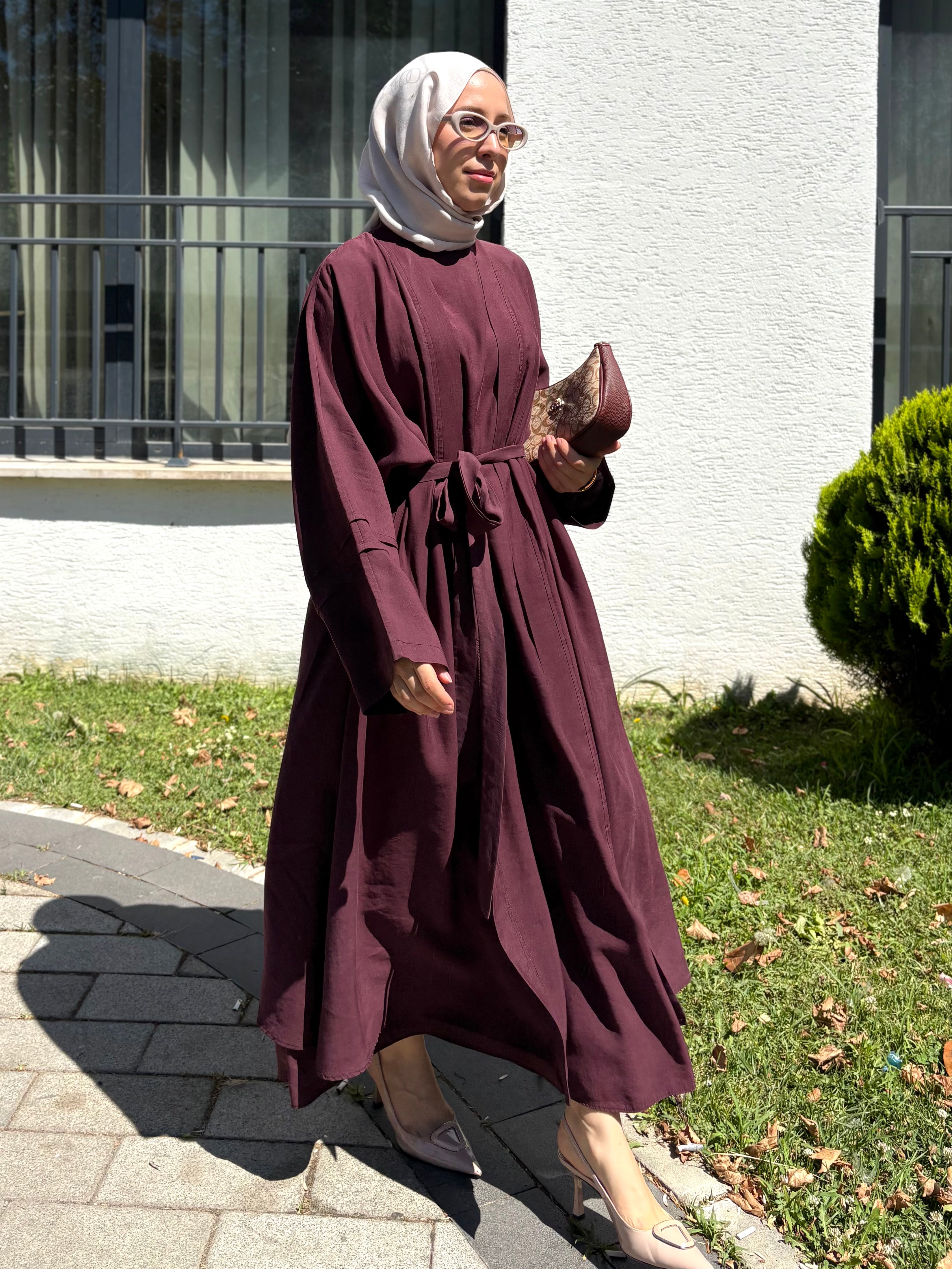 Sara 3 Parçalı Tense kumaş Abaya Mürdüm