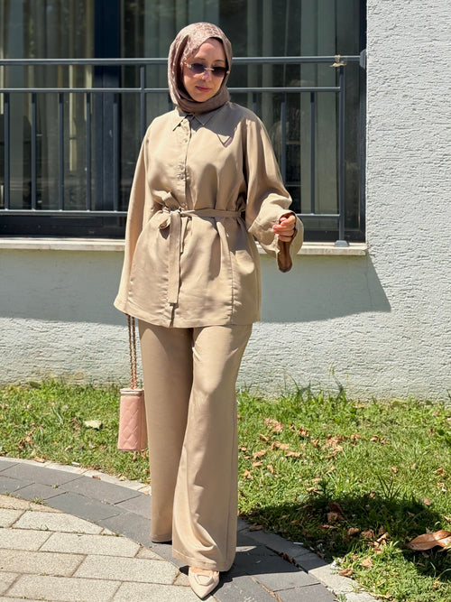 Elen Düğmeli Beli Lastikli Pantolonlu Takım Haki