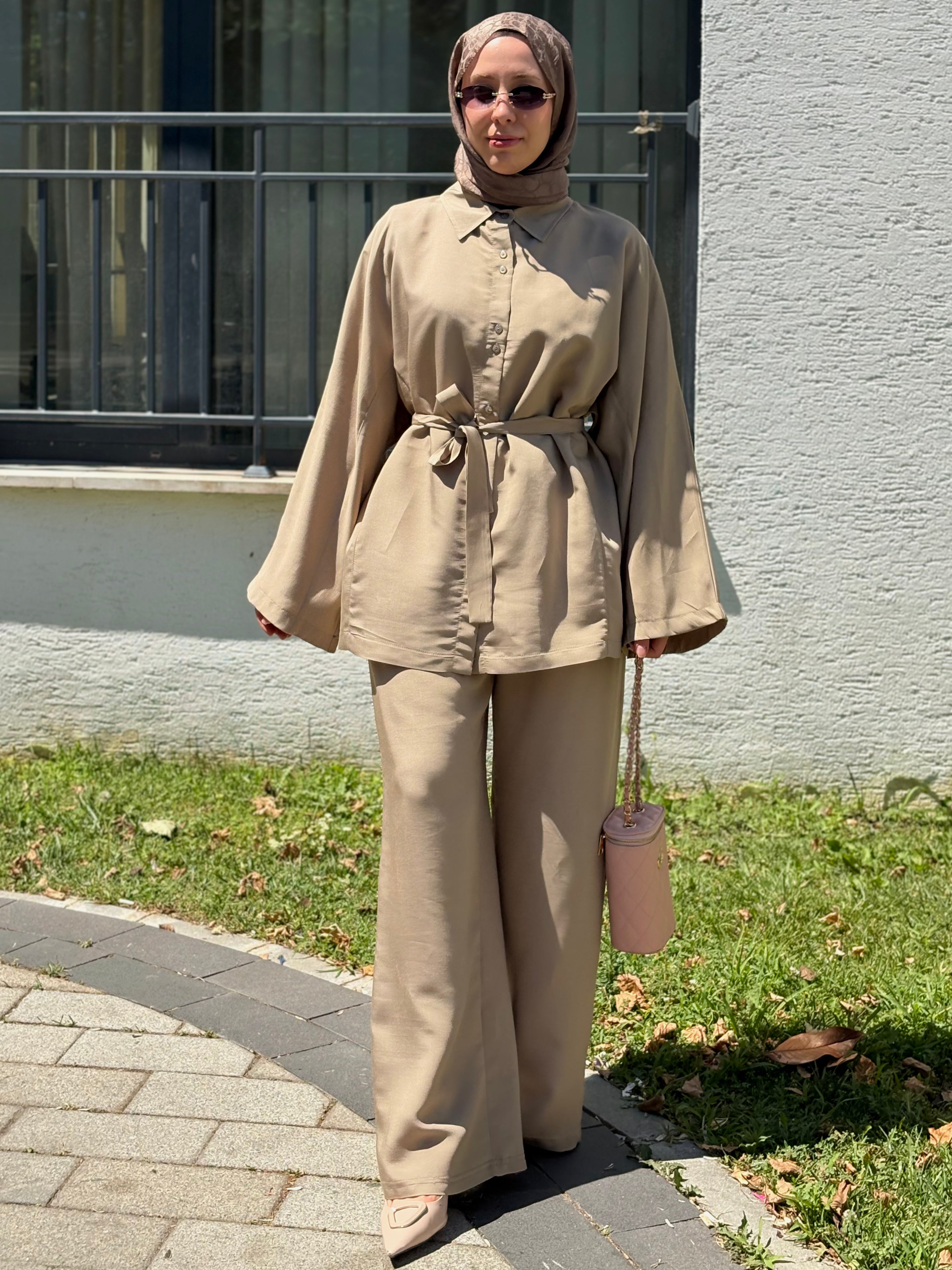 Elen Düğmeli Beli Lastikli Pantolonlu Takım Haki