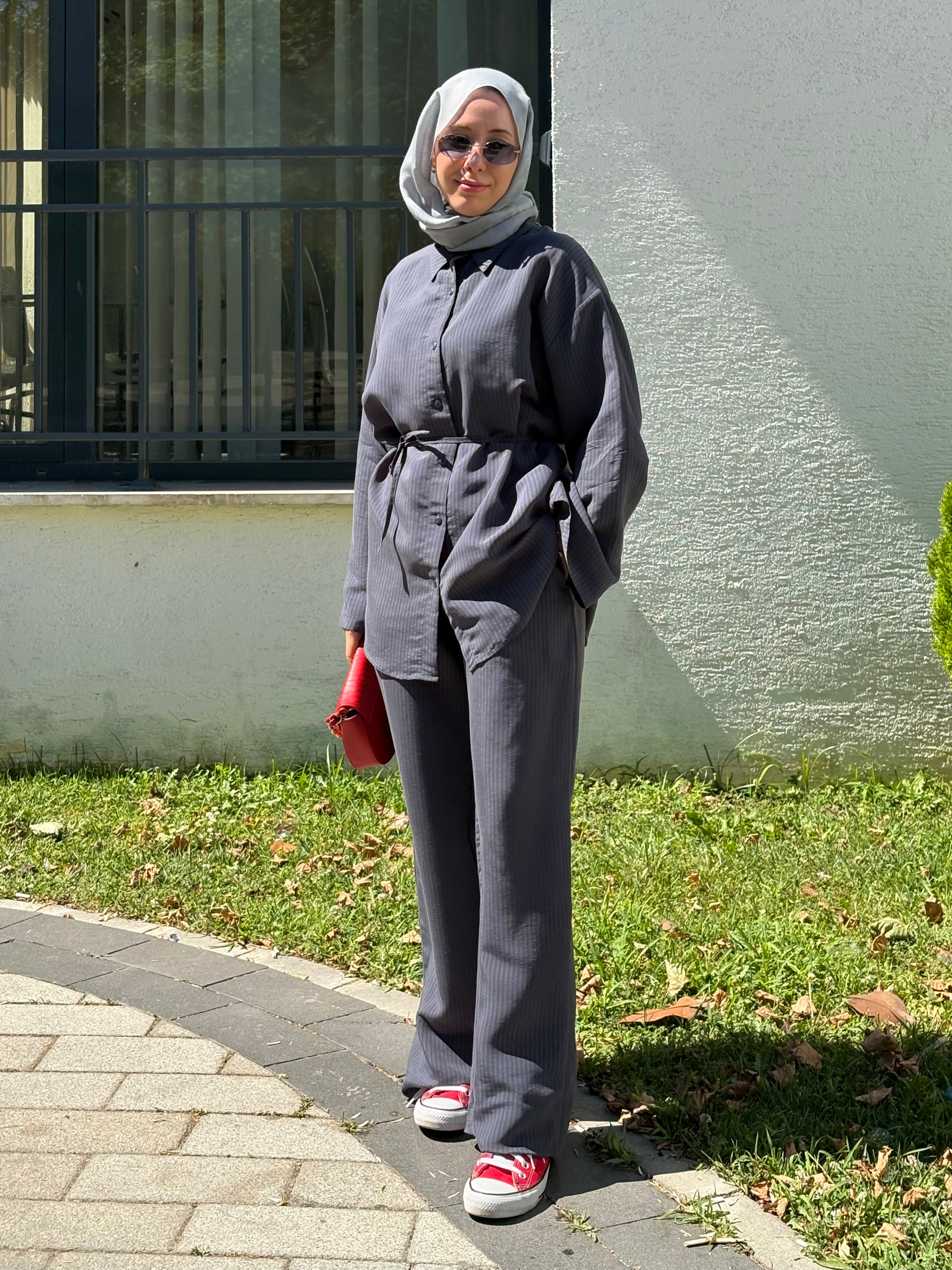 Antra Düğmeli Beli Lastikli Pantolonlu Tensel Takım Antrasit