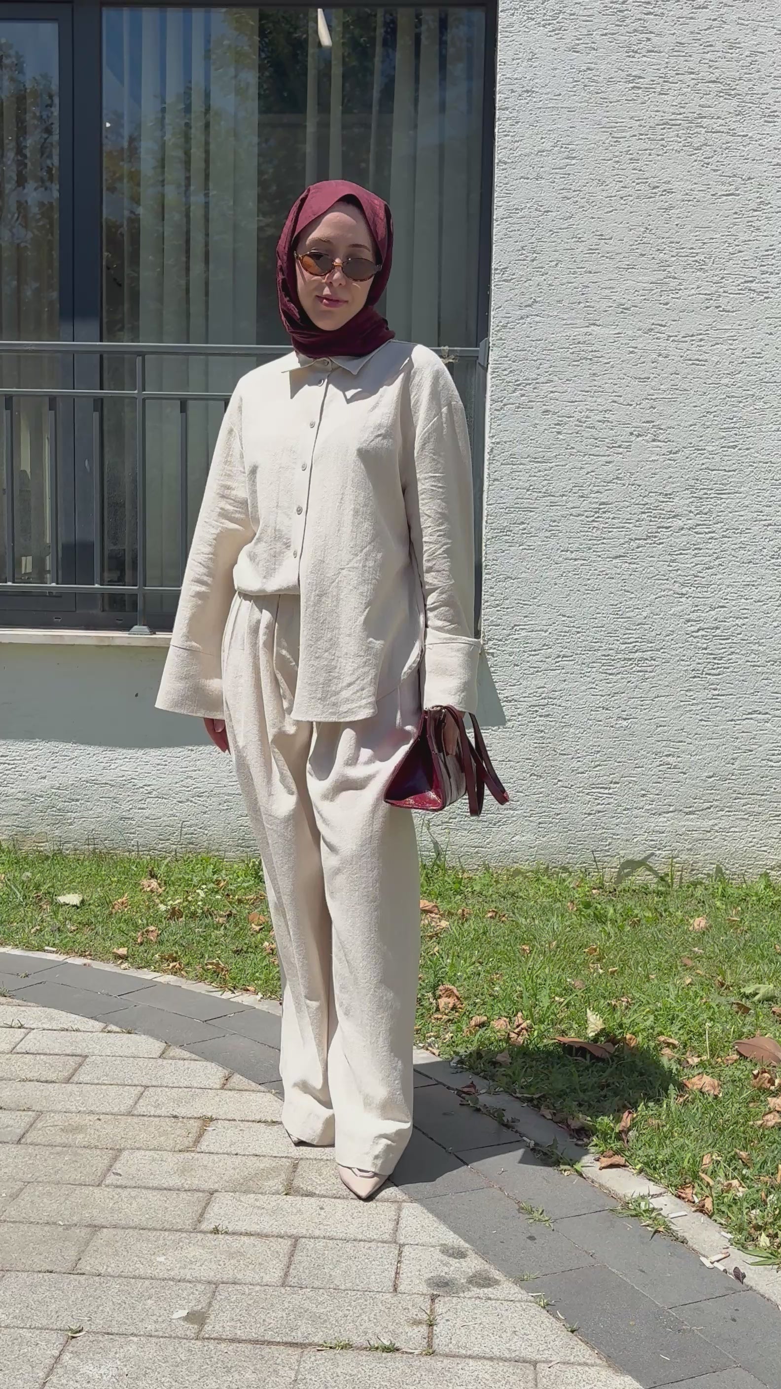 Sahra Keten Kumaş düğmeli Palazzo Pantolonlu Takım Krem